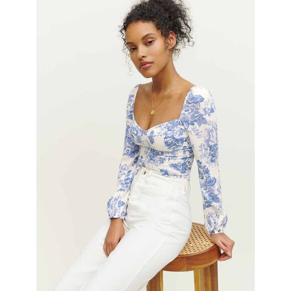 Reformation Blue White Floral Smocked Crop Reign Top Blouse Size 4 Small - Picture 2 of 9